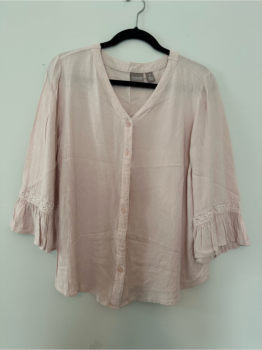 Chico's Soft Pale Pink V-Neck Button Blouse with Lace Ruffle Sleeves